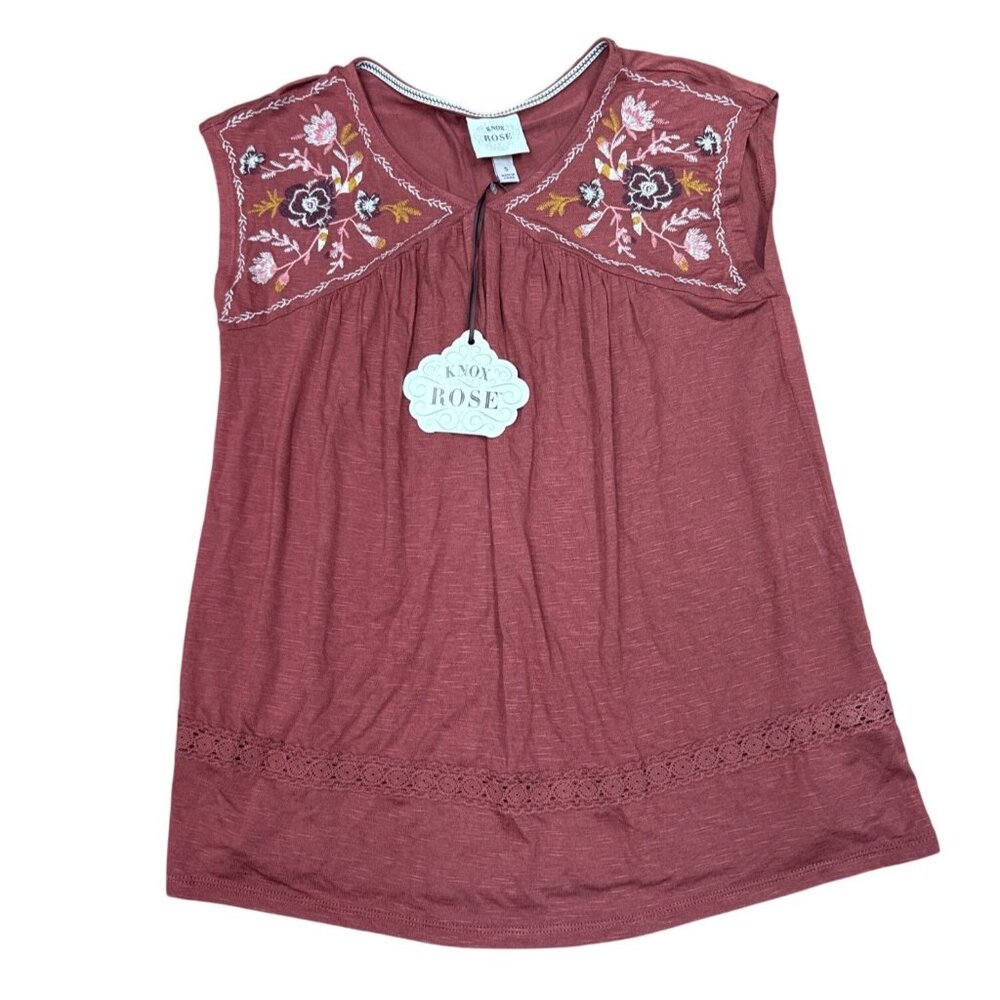 Knox Rose Embroidered Sleeveless Top Small Rayon/Spandex Blend Burgundy Boho Sty